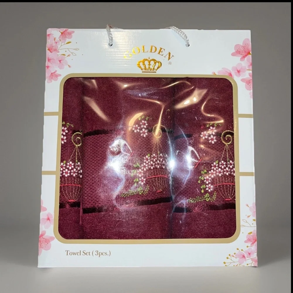 High Quality Golden 3-Pc Towel Set Embroidered Flower 🌺 W/Water Can & Butterfly